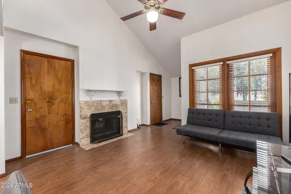 a living room with furniture and a fireplace