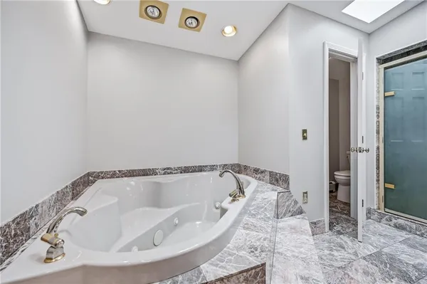 a bathroom with a bathtub and a shower