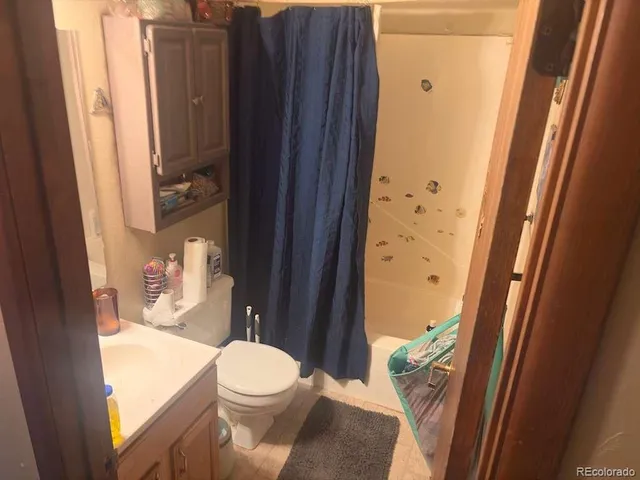 a bathroom with a toilet and a shower curtain