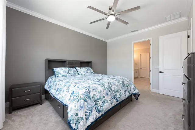 a bed room with a bed and a ceiling fan