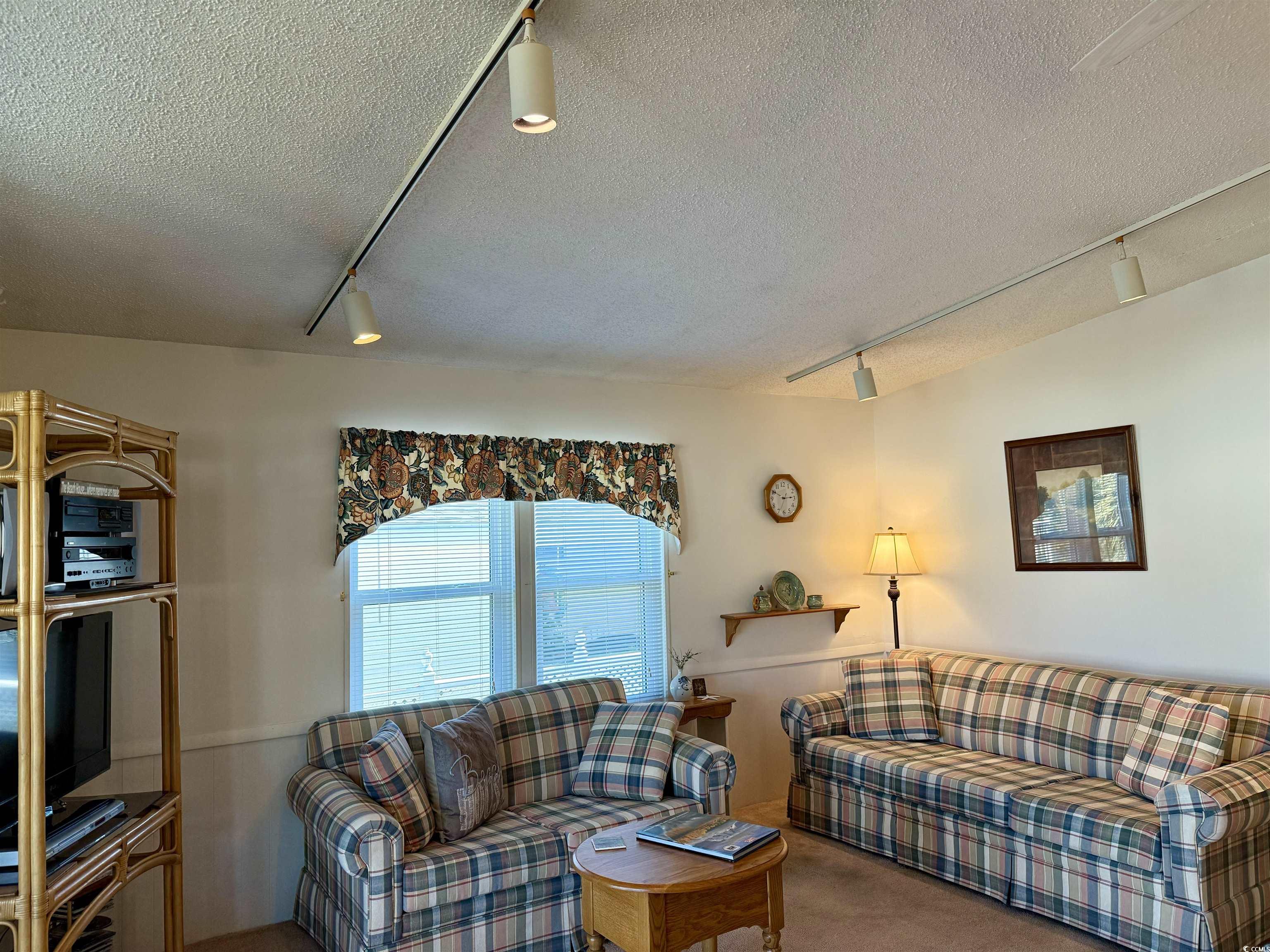 502 Sandpebble Surfside Beach, SC 29575 - Photo 9 of 31 Carpeted living room with lofted ceiling, track li