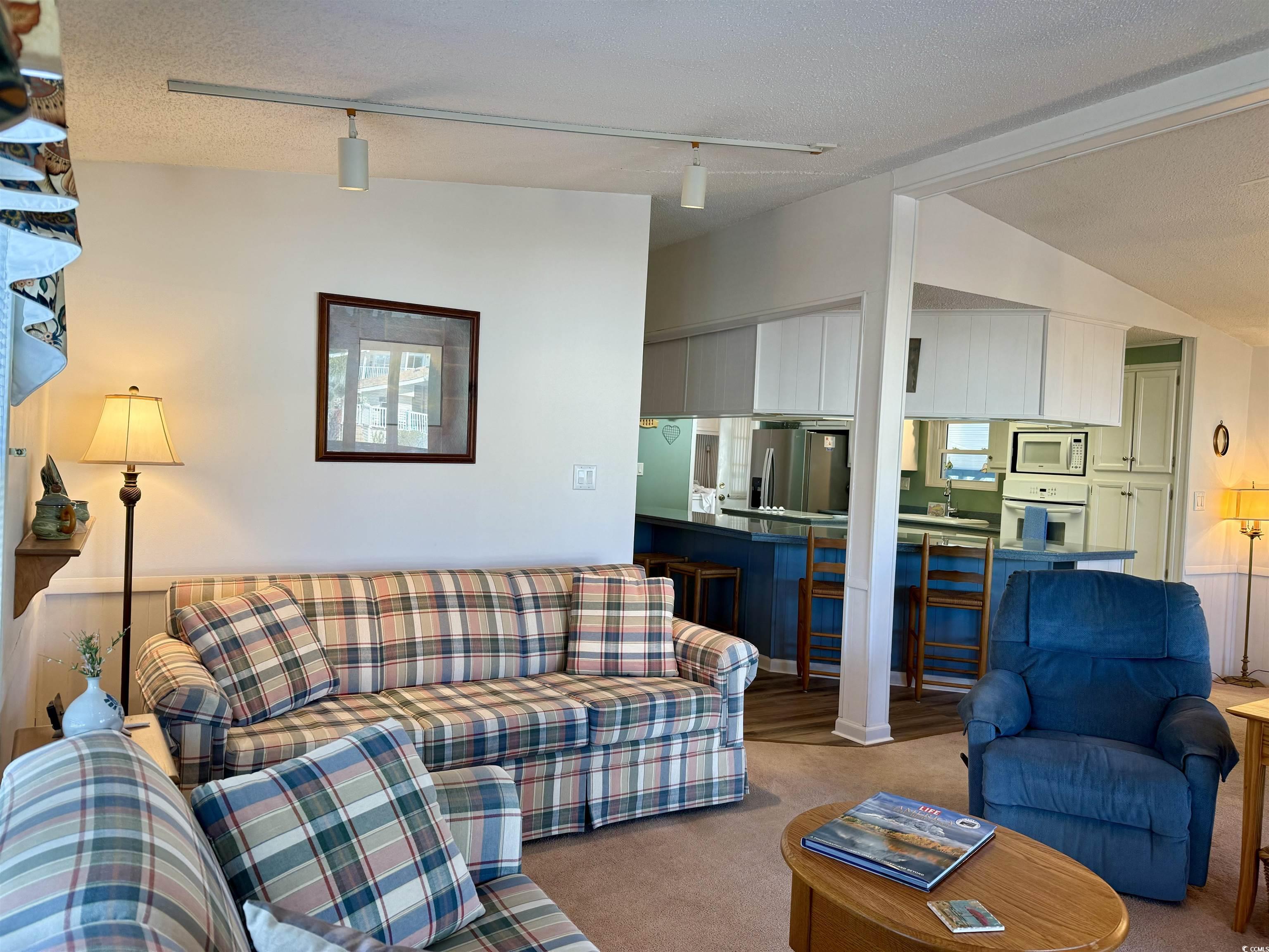 502 Sandpebble Surfside Beach, SC 29575 - Photo 10 of 31 Living room with lofted ceiling, track lighting, a