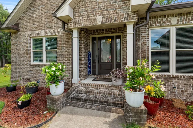 a view of a house that has a potted plant