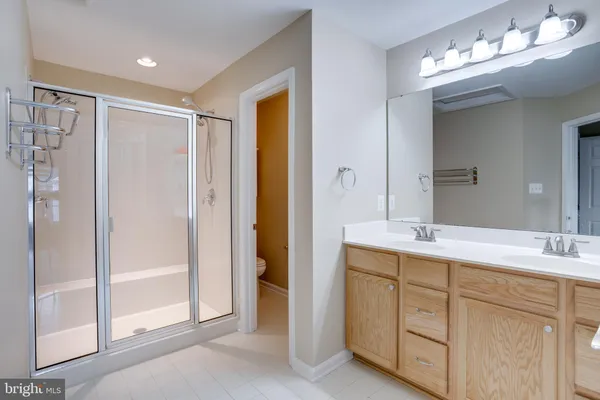 a bathroom with a double vanity sink mirror and shower