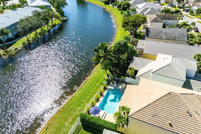 a view of swimming pool with palm trees