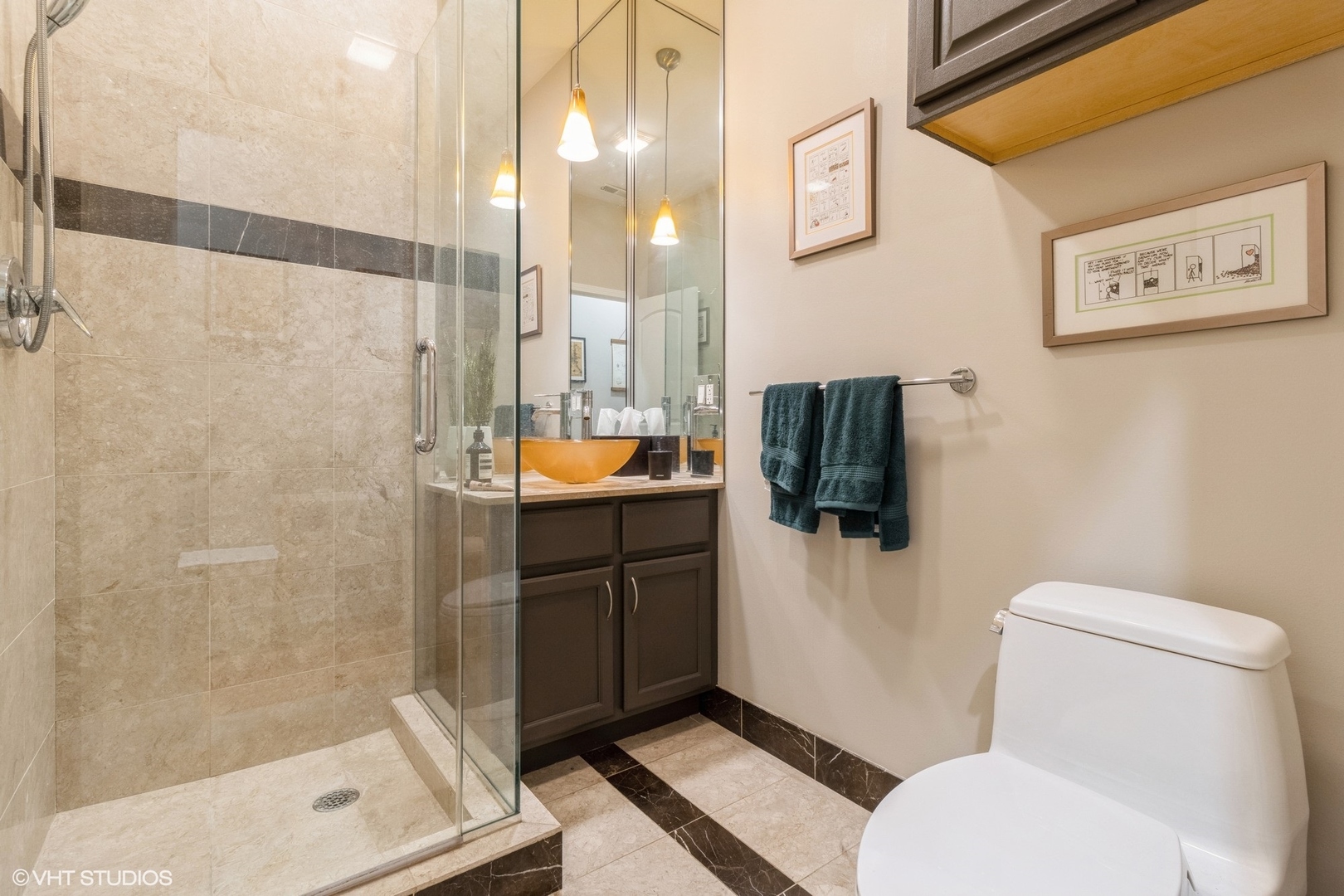 Undisclosed Address Chicago, IL 60647 - Photo 10 of 15 a bathroom with a granite countertop sink a toilet a shower and a mirror