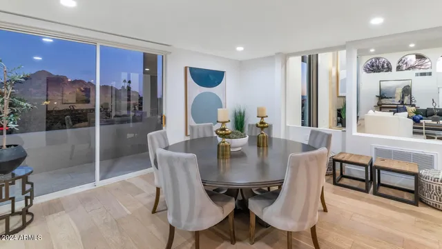 a view of a dining room with furniture