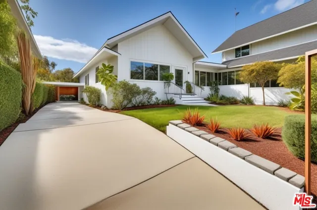 a front view of a house with swimming pool having outdoor seating