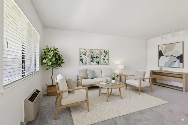 a living room with furniture and a potted plant