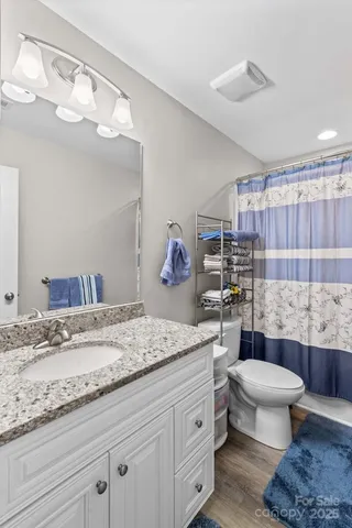 a bathroom with a granite countertop sink mirror vanity and toilet
