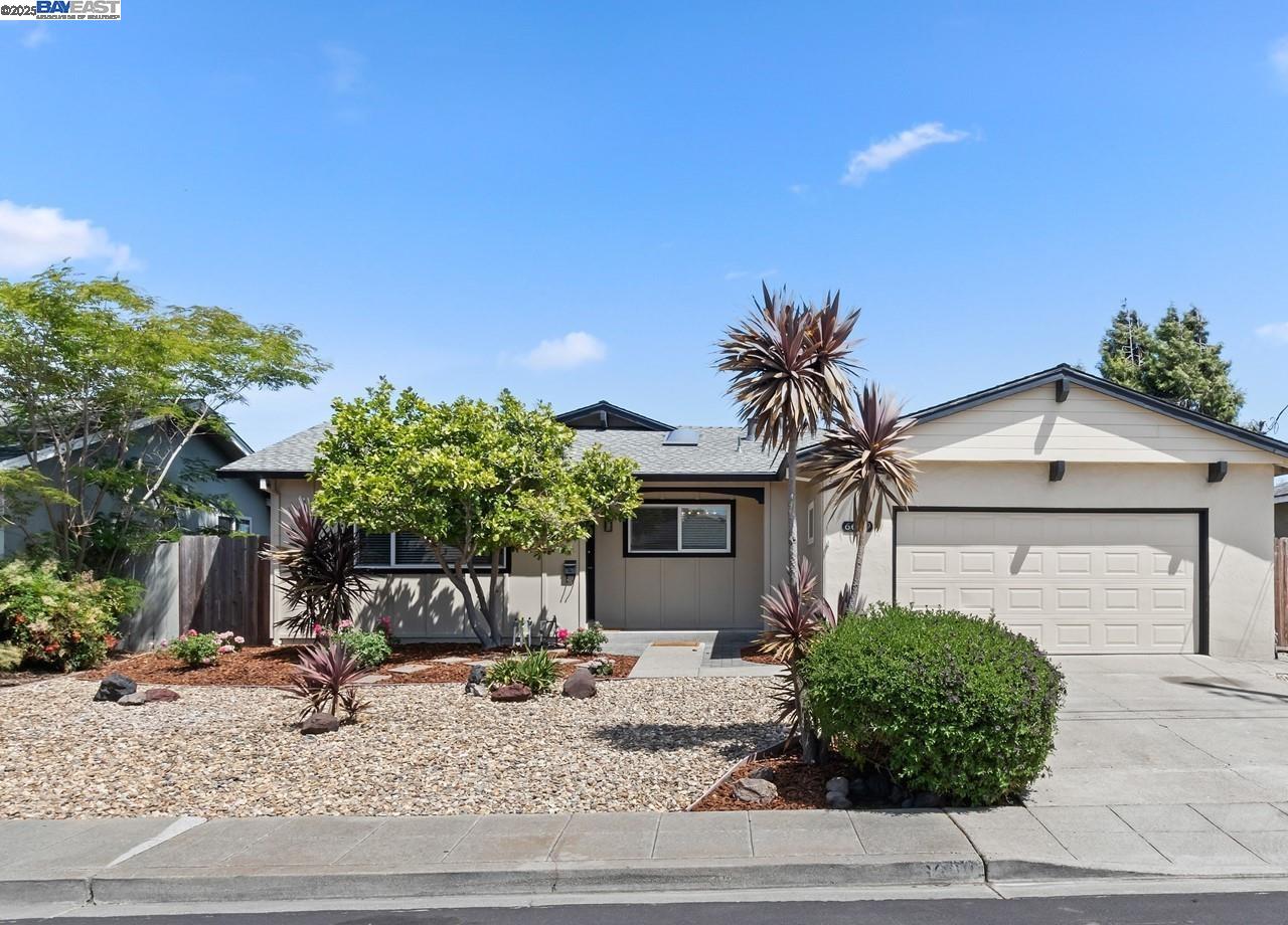 a view of a house with garage and plants