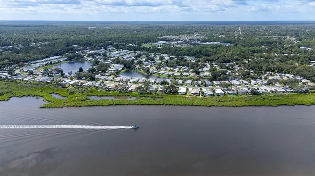 an aerial view of a houses with yard and ocean view