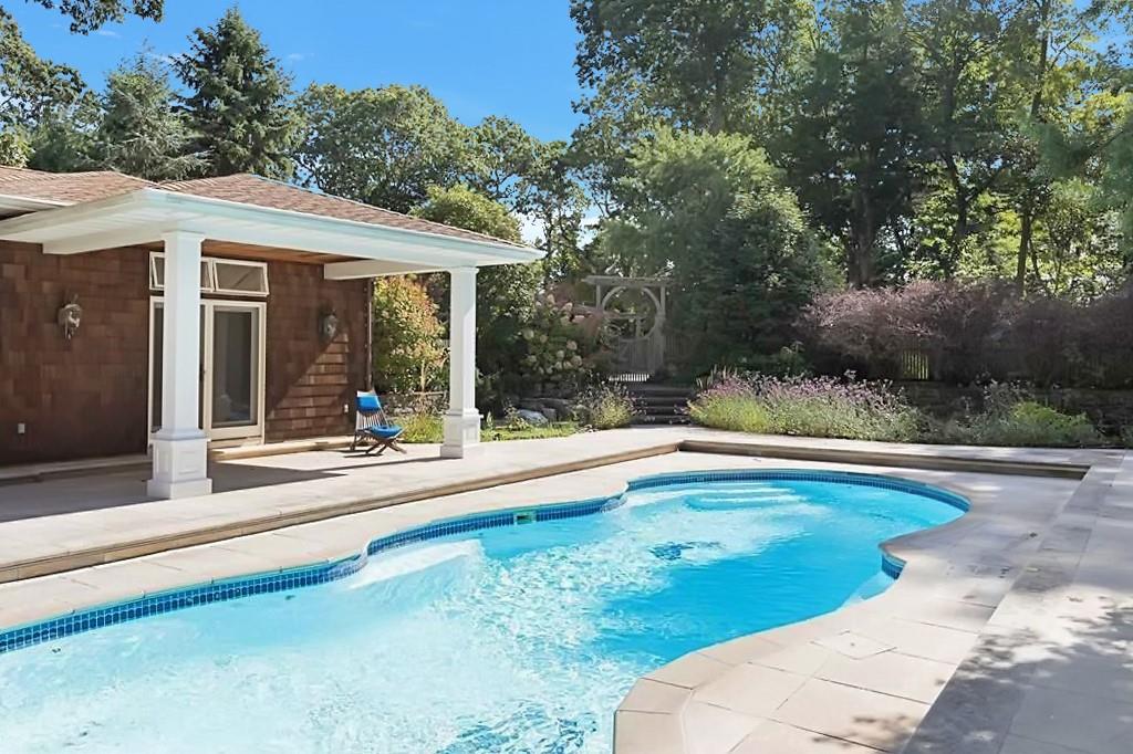 a view of swimming pool with lawn chairs and plants