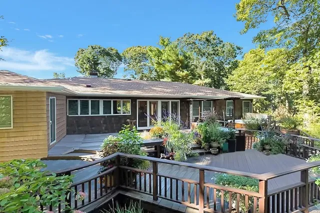 a view of house with a yard and potted plants