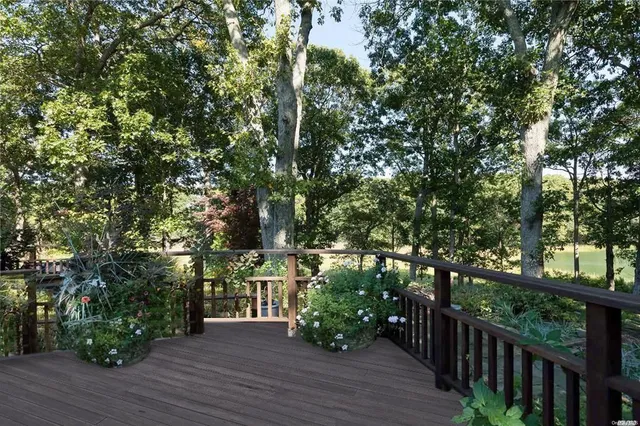 a view of a deck and forest