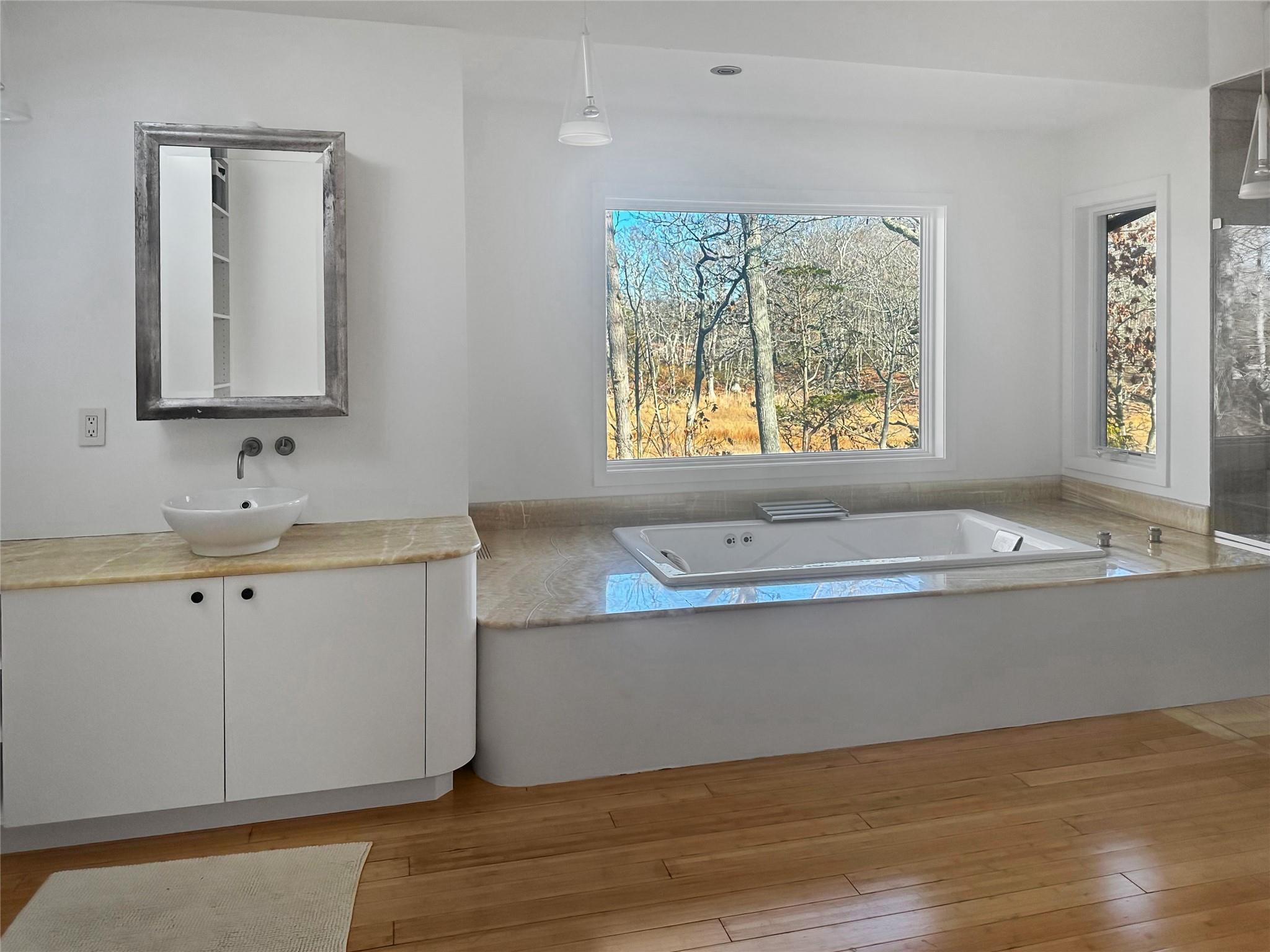 250 Pine Tree Court Cutchogue, NY 11935 - Photo 8 of 25 a bathroom with a tub sink and mirror