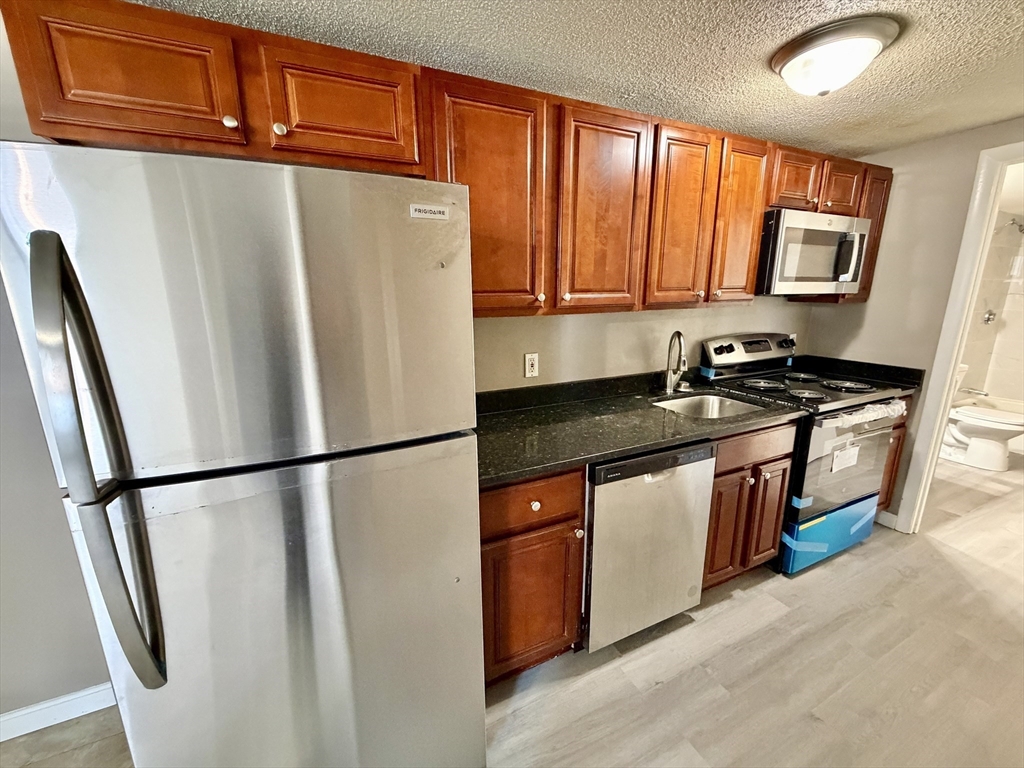 379 Meridian Street, Unit 101 Boston, MA 02128 - Photo 3 of 10 a kitchen with stainless steel appliances granite countertop a refrigerator a sink and a stove
