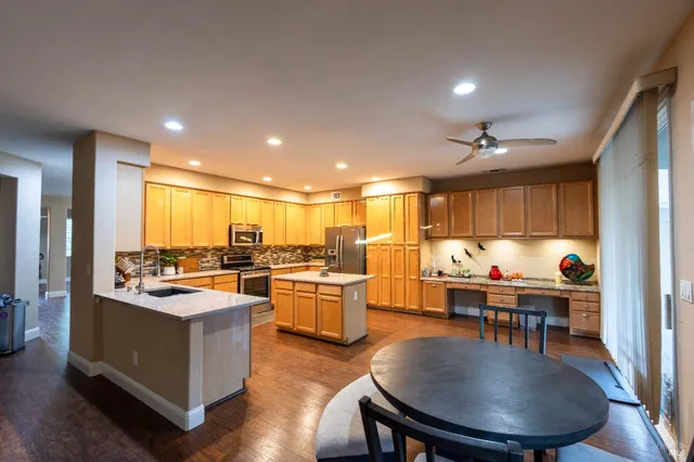 a kitchen with lots of counter top space