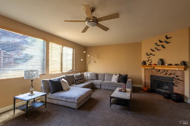 a living room with furniture and a fireplace