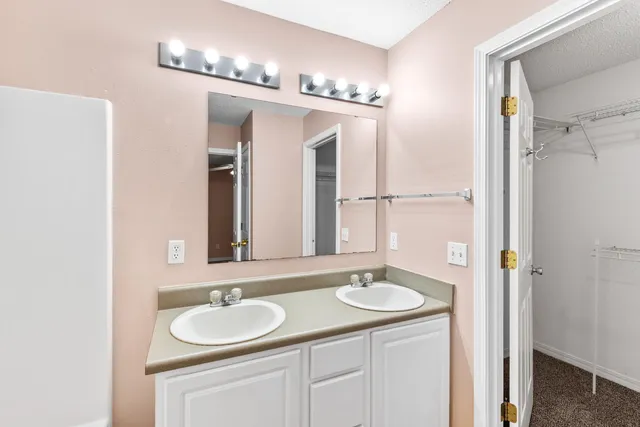 a bathroom with a sink double vanity and a mirror