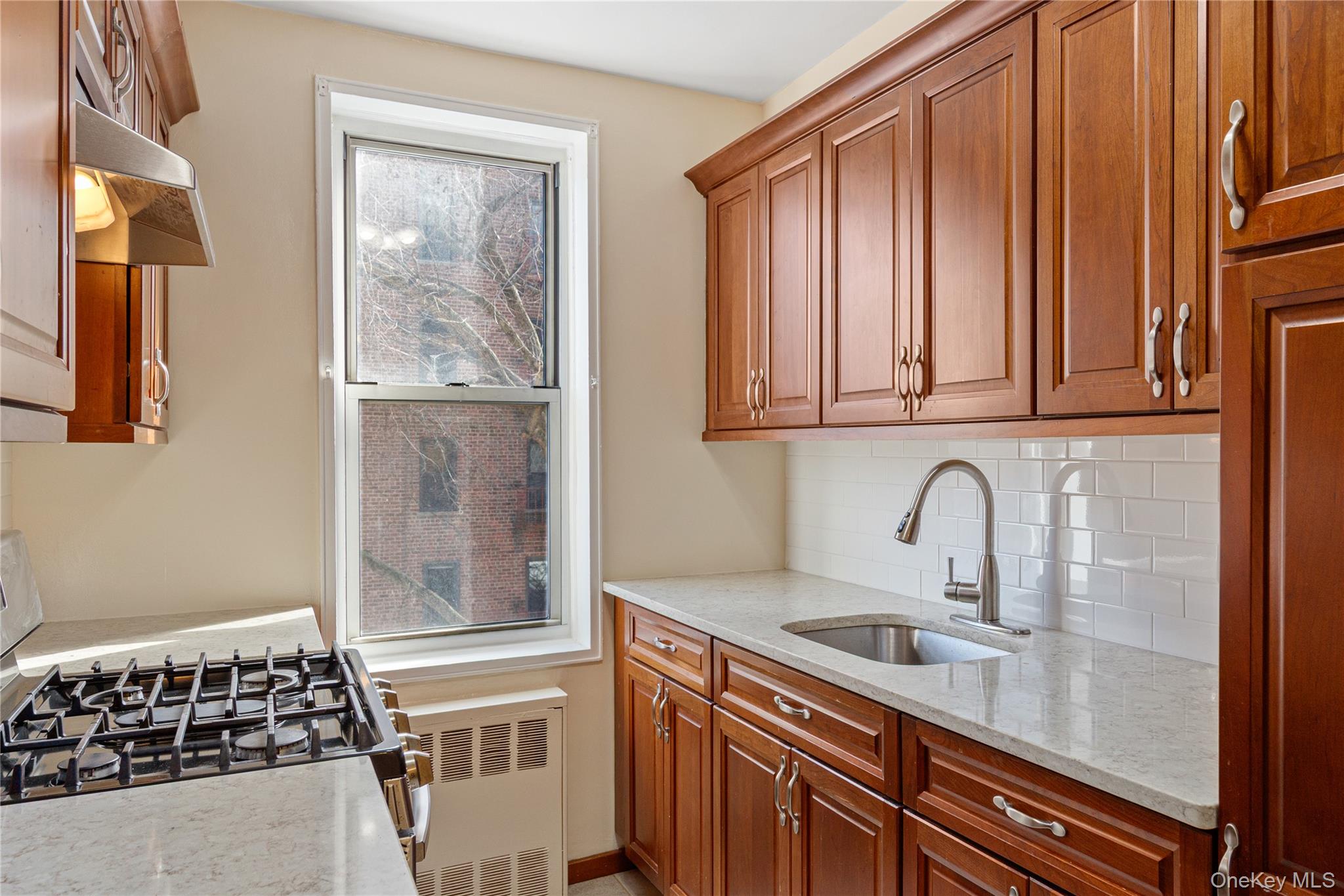 126 Church Street, Unit 2D New Rochelle, NY 10805 - Photo 17 of 32 a kitchen with stainless steel appliances granite countertop a sink and wooden cabinets