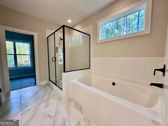 a bathroom with a bathtub and a shower