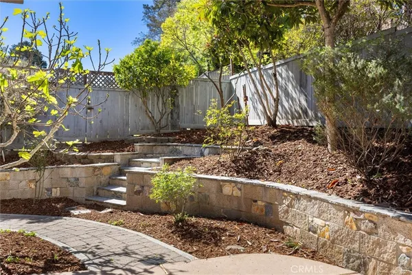 a view of a backyard with plants and a bench
