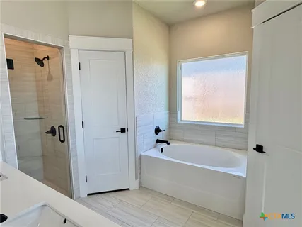 a bathroom with a bathtub and a shower