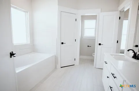 a bathroom with a tub sink and mirror
