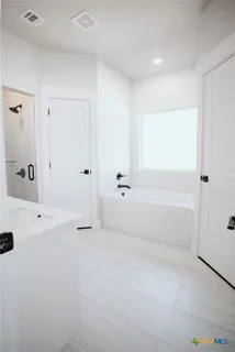 a bathroom with a bathtub and shower