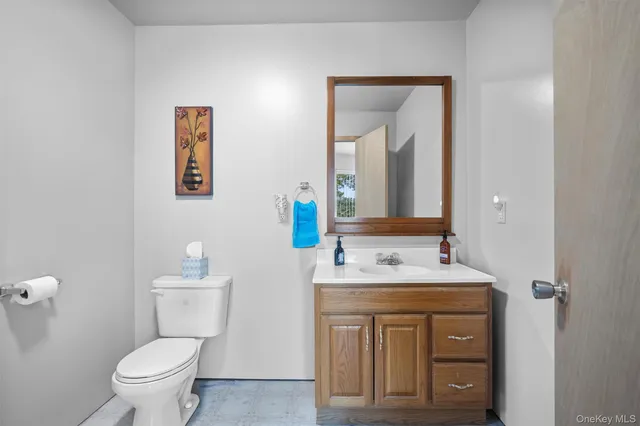 a bathroom with a sink toilet and mirror