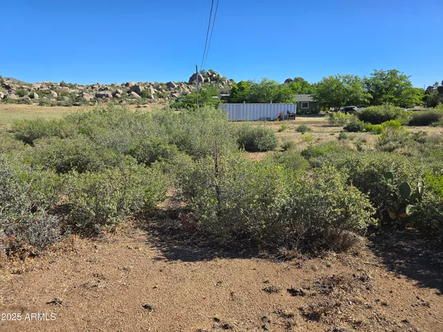a view of a dry yard with wooden fence