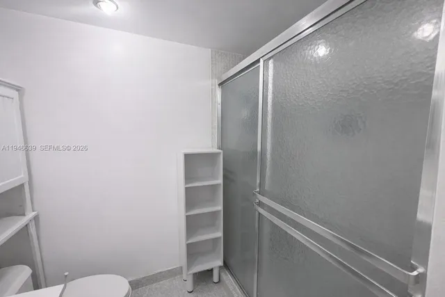a bathroom with a shower and toilet
