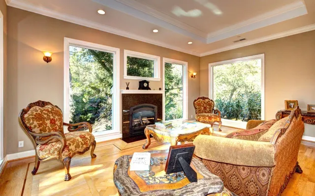 a living room with furniture and a fireplace