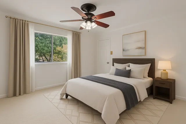 a bedroom with a bed and a large window