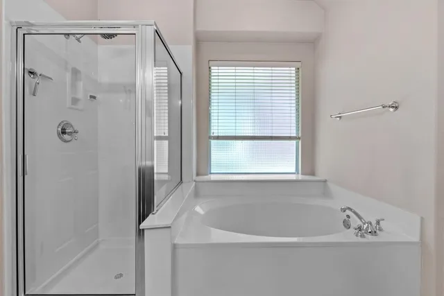 a bathroom with a bathtub and a shower