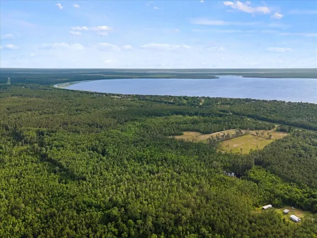 an aerial view of residential houses with outdoor space and trees