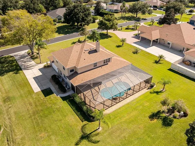 an aerial view of a swimming pool