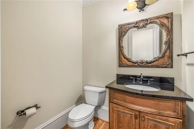 a bathroom with a sink a large mirror and a toilet