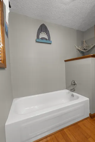 a bathroom with a bathtub and a shower