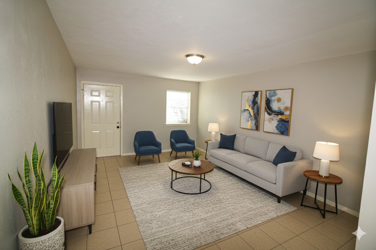 1305 Adams Street, Unit 4 Conroe, TX 77301 - Photo 4 of 13 a living room with furniture a couch and a potted plant
