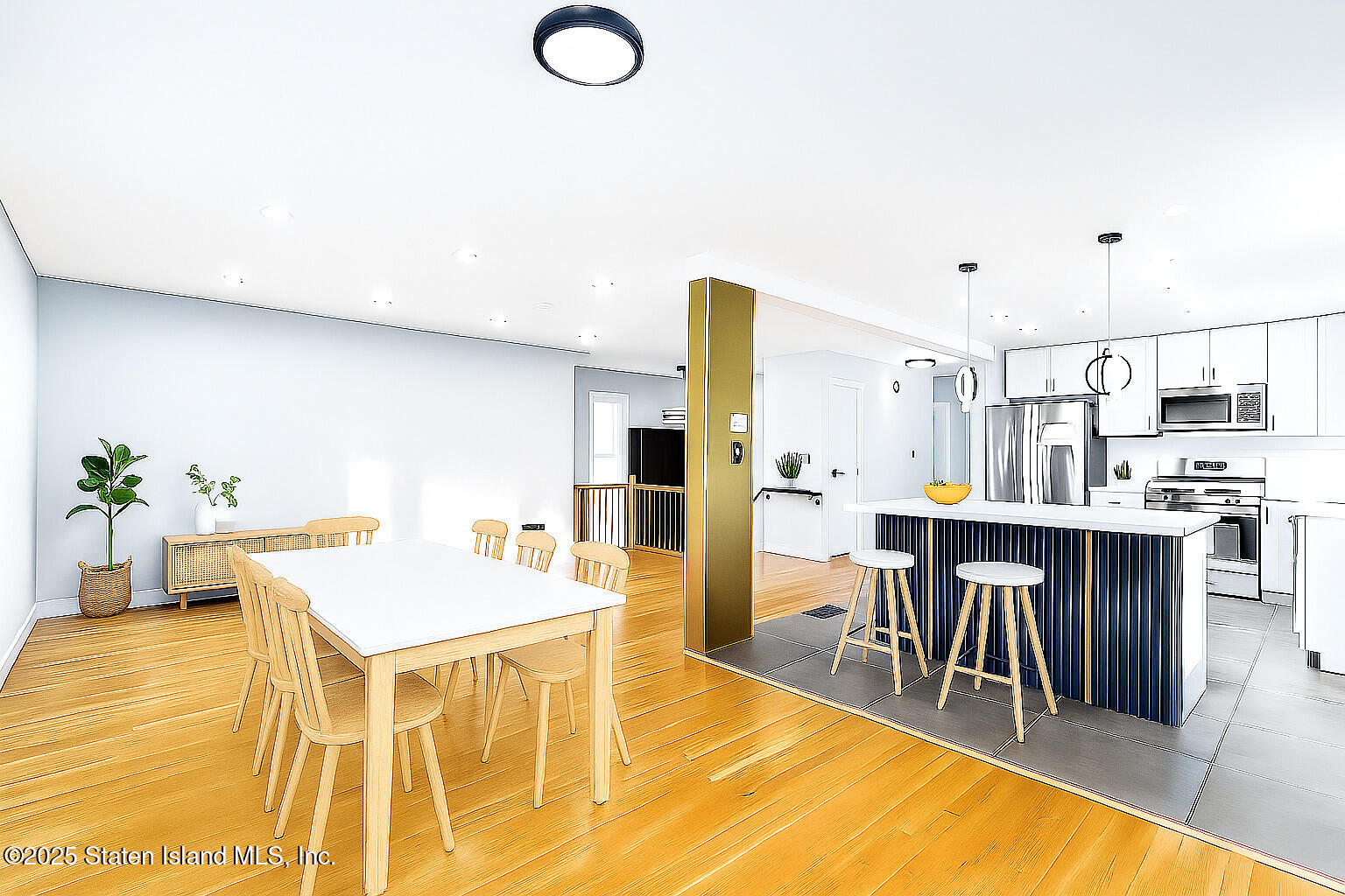 281 Arlene Street Staten Island, NY 10314 - Photo 5 of 42 a dining hall with stainless steel appliances kitchen island granite countertop a dining table and chairs with wooden floor