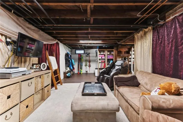 a view of a storage room with furniture