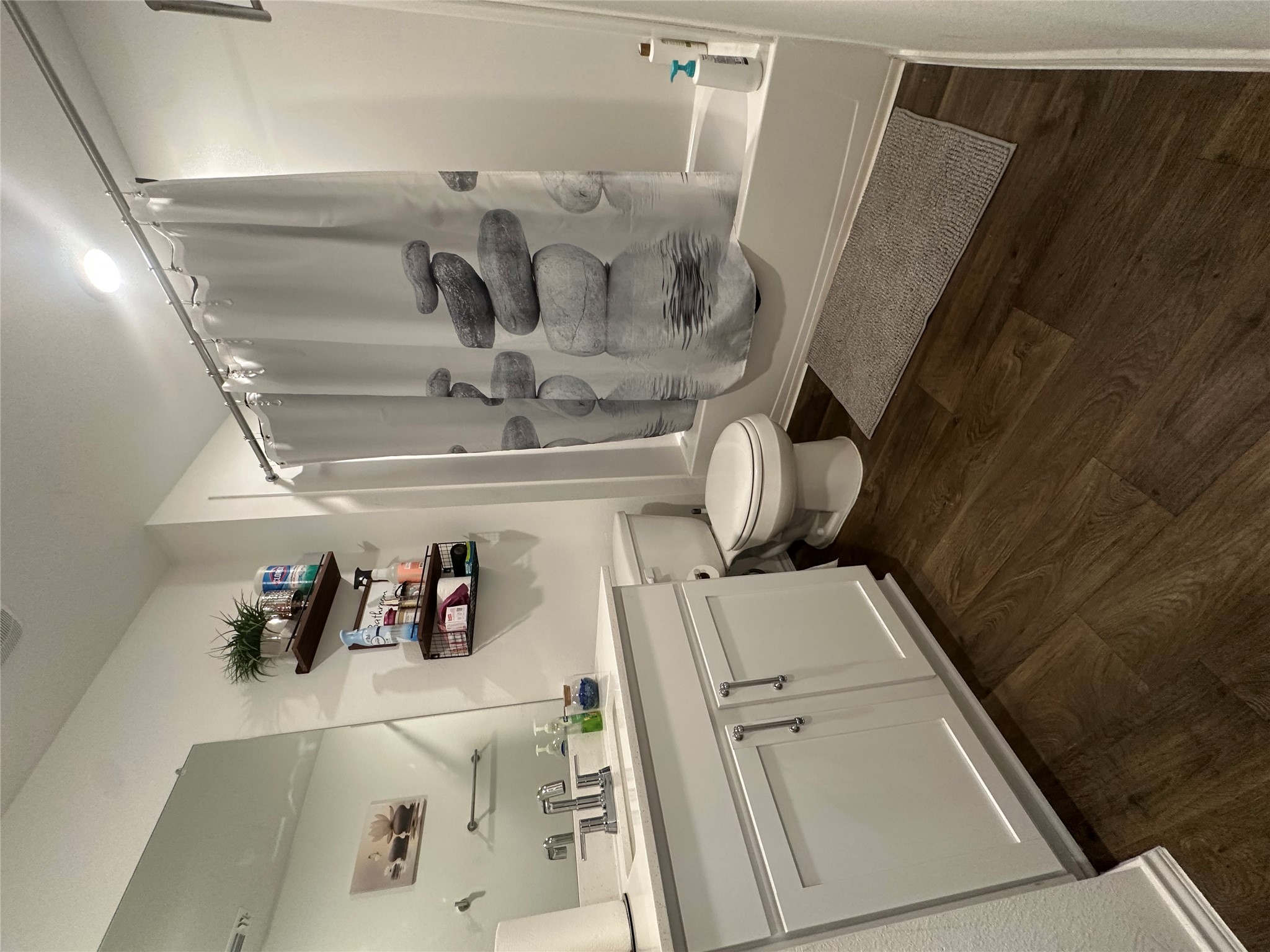 519 Sandringham Loop Kyle, TX 78640 - Photo 8 of 26 Full bathroom featuring shower / tub combo, vanity, and dark wood-type flooring