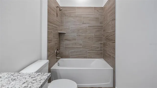 a bathroom with a bathtub and a toilet