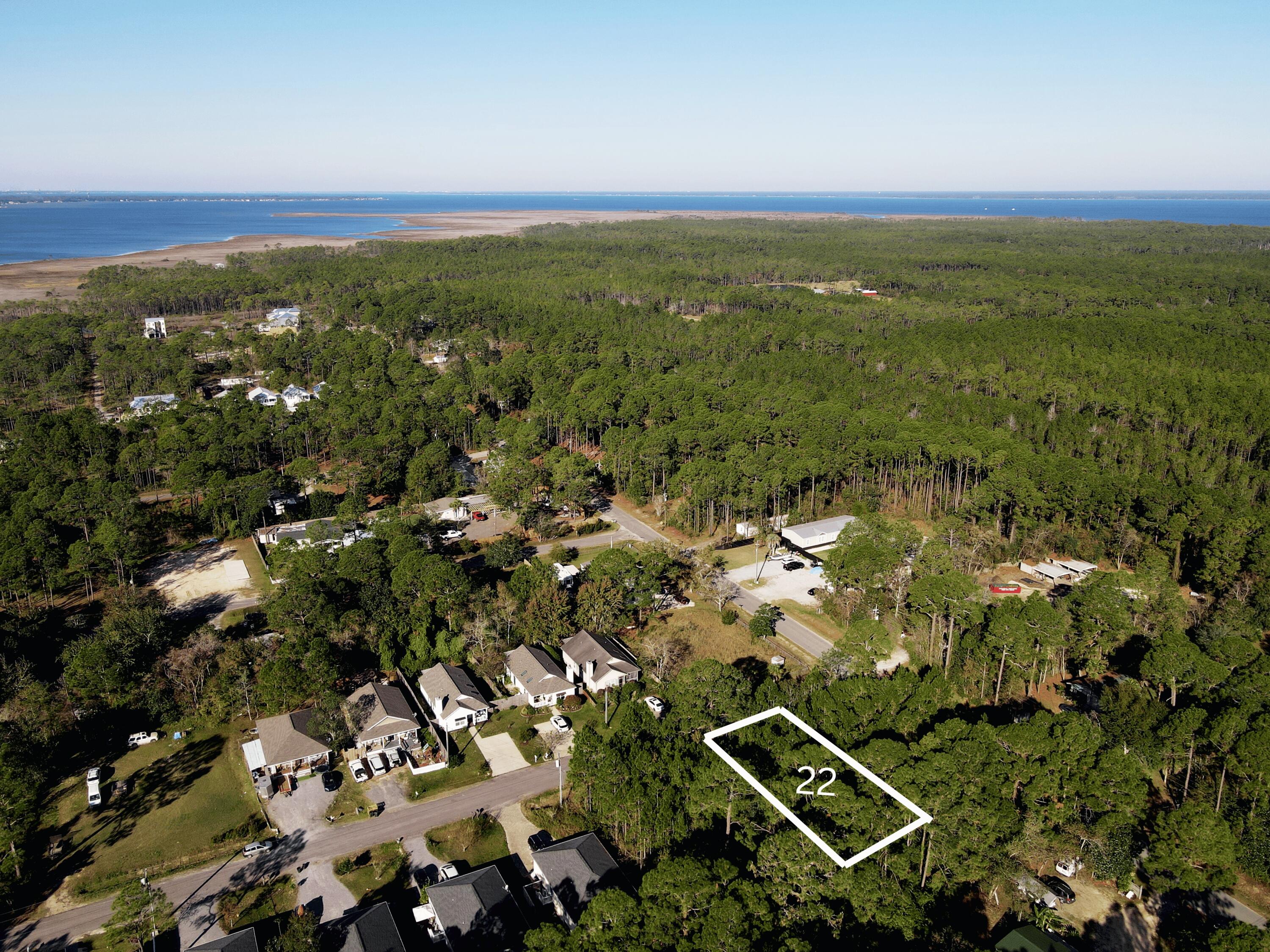an aerial view of residential houses with outdoor space and trees