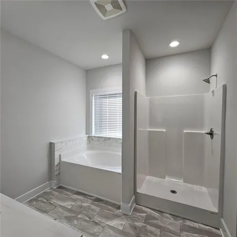 a bathroom with a shower and bathtub