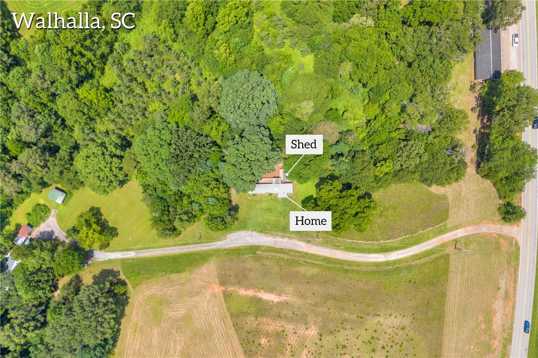150 Newberry Road Walhalla, SC 29691 - Photo 35 of 47 An aerial perspective reveals a secluded home nestled within lush woodlands, accessed by a winding driveway.