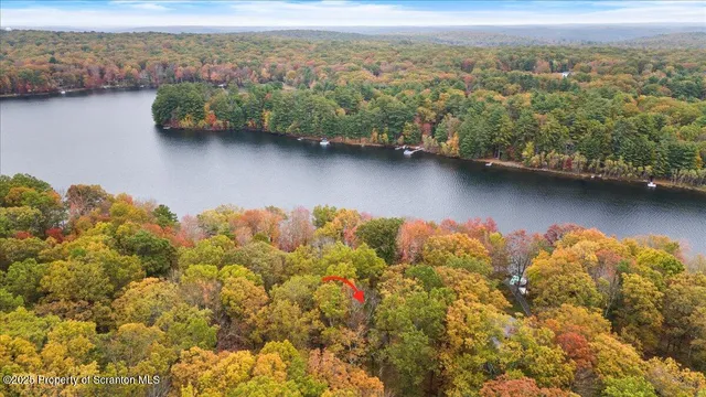 an aerial view of residential houses with outdoor space and trees