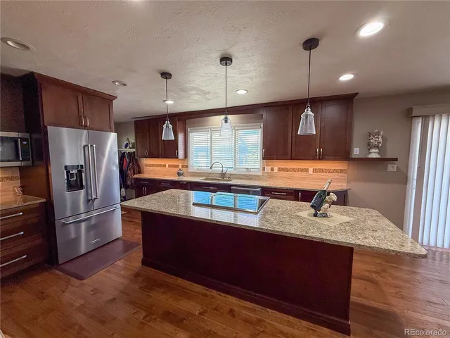a kitchen with stainless steel appliances granite countertop a refrigerator a sink dishwasher a stove and a refrigerator